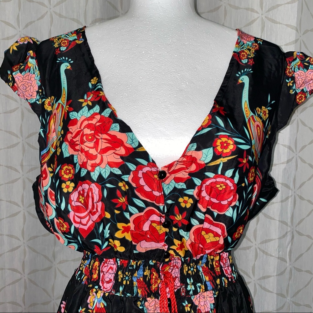 Womens Maxi Dress High-Low Black Floral Pattern
